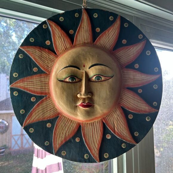 Vintage 16" Handmade Indonesia Hand Painted Sun Moon Wooden Wall Hanging Whimsy - Picture 3 of 16